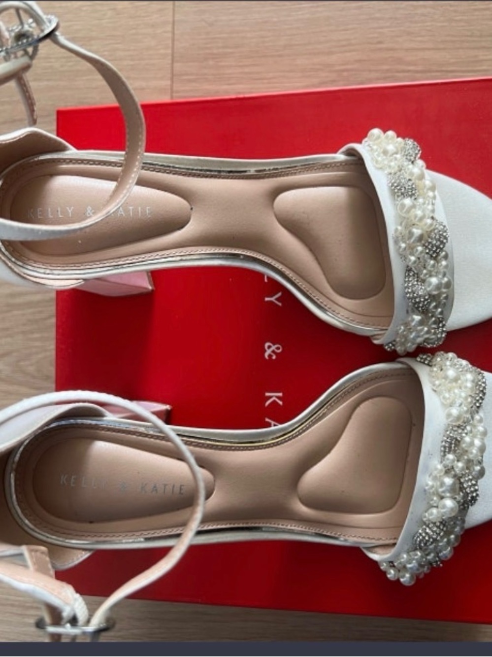 Kelly & Katie White Pearl & Crystal Ankle Strap Block Heel Sandals